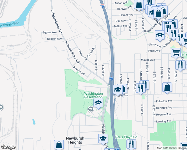 map of restaurants, bars, coffee shops, grocery stores, and more near 3628 Independence Road in Cleveland