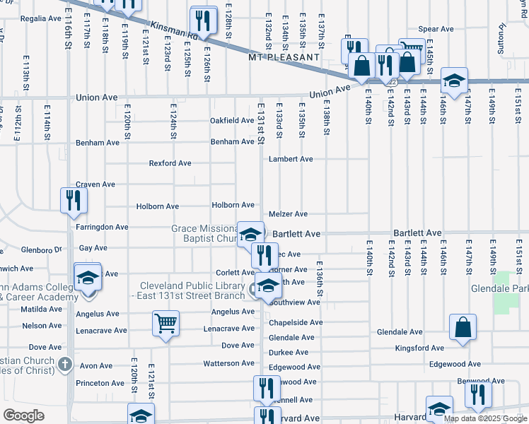 map of restaurants, bars, coffee shops, grocery stores, and more near 3691 East 131st Street in Cleveland