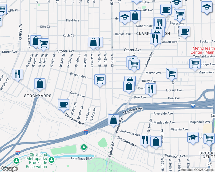 map of restaurants, bars, coffee shops, grocery stores, and more near 4416 Bush Avenue in Cleveland
