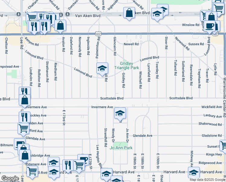map of restaurants, bars, coffee shops, grocery stores, and more near 3718 Glencairn Road in Shaker Heights