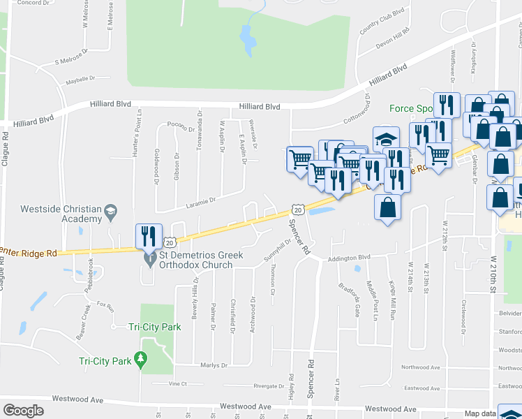 map of restaurants, bars, coffee shops, grocery stores, and more near 15 Bristol Lane in Rocky River