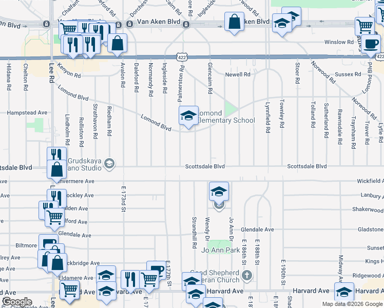 map of restaurants, bars, coffee shops, grocery stores, and more near 3718 Strandhill Road in Shaker Heights