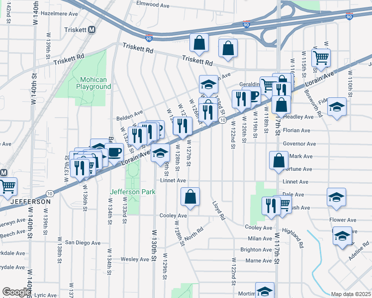 map of restaurants, bars, coffee shops, grocery stores, and more near 3456 West 127th Street in Cleveland