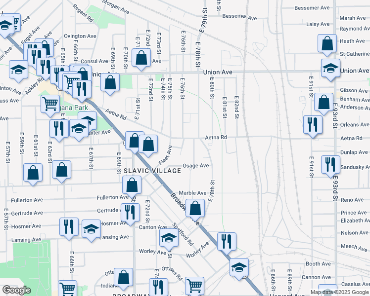 map of restaurants, bars, coffee shops, grocery stores, and more near 3679 East 76th Street in Cleveland