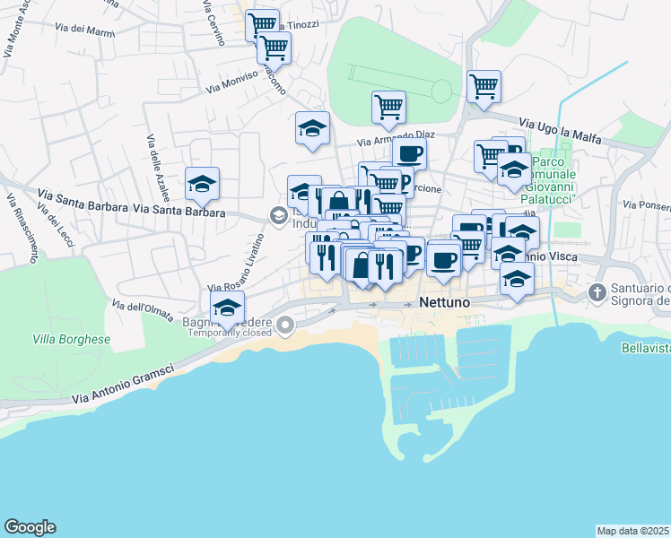 map of restaurants, bars, coffee shops, grocery stores, and more near 15B Via Santa Barbara in Nettuno