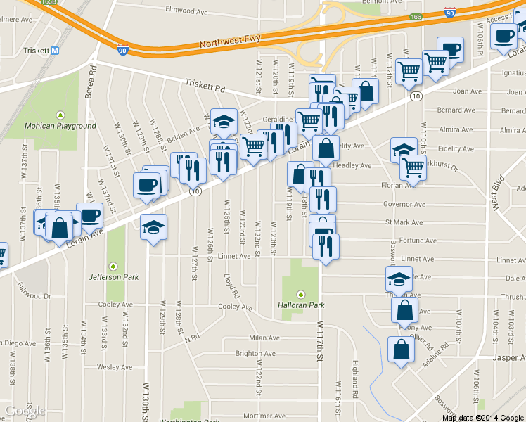 map of restaurants, bars, coffee shops, grocery stores, and more near 3463 W 122nd St in Cleveland