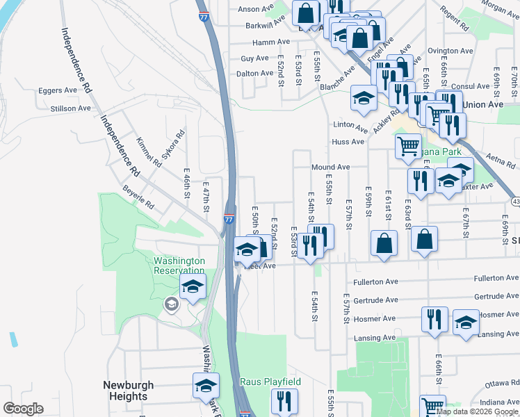 map of restaurants, bars, coffee shops, grocery stores, and more near 3663 East 50th Street in Cleveland