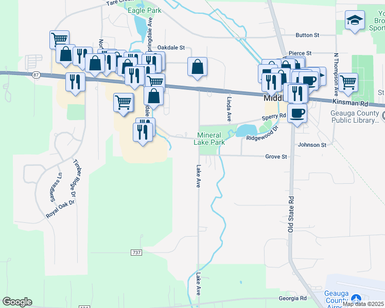 map of restaurants, bars, coffee shops, grocery stores, and more near 15064 Lake Avenue in Middlefield