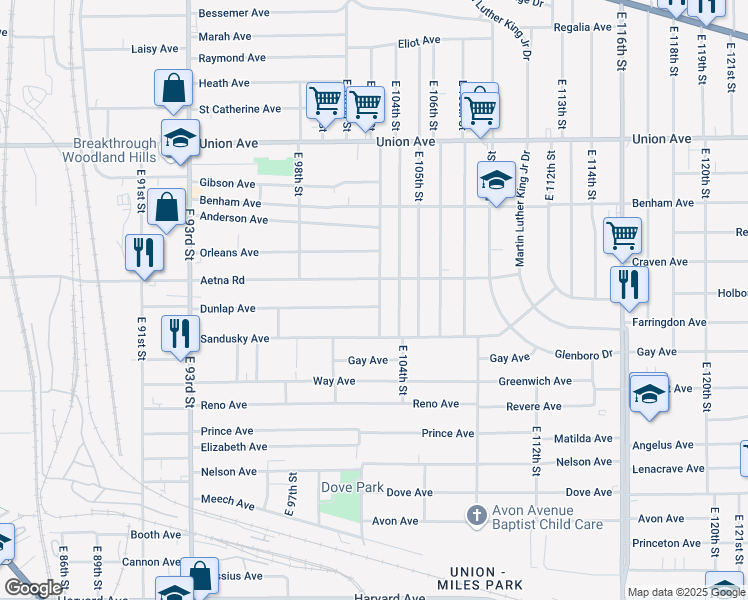 map of restaurants, bars, coffee shops, grocery stores, and more near 3678 East 103rd Street in Cleveland