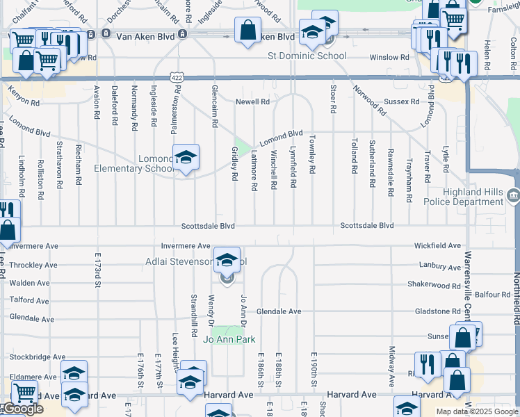 map of restaurants, bars, coffee shops, grocery stores, and more near 3717 Latimore Rd in Shaker Heights
