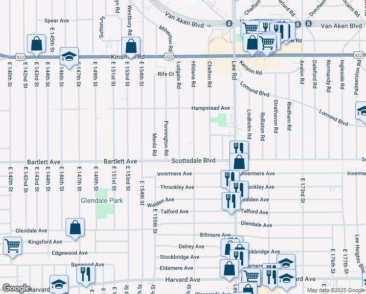 map of restaurants, bars, coffee shops, grocery stores, and more near 3715 Ludgate Road in Shaker Heights
