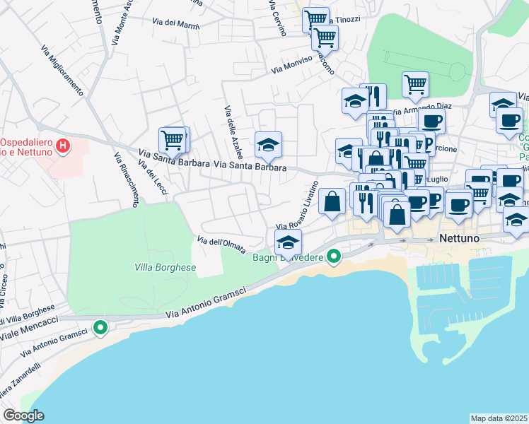 map of restaurants, bars, coffee shops, grocery stores, and more near 33 Via Zaccaria Negroni in Nettuno