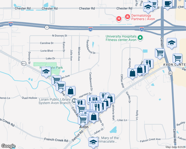 map of restaurants, bars, coffee shops, grocery stores, and more near 2221 Candlewood Dr in Avon