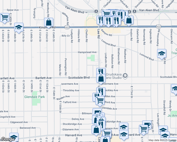 map of restaurants, bars, coffee shops, grocery stores, and more near 3715 Chelton Road in Shaker Heights