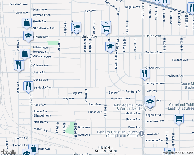 map of restaurants, bars, coffee shops, grocery stores, and more near 3681 East 106th Street in Cleveland