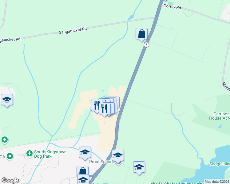 map of restaurants, bars, coffee shops, grocery stores, and more near 57 Grandeville Court in South Kingstown