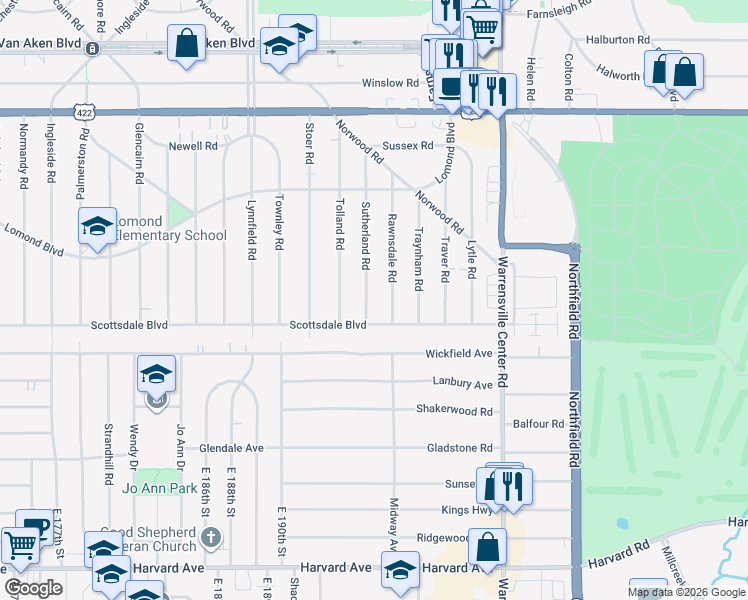 map of restaurants, bars, coffee shops, grocery stores, and more near 3715 Sutherland Road in Shaker Heights