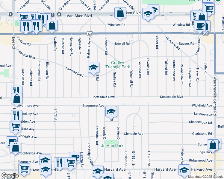 map of restaurants, bars, coffee shops, grocery stores, and more near 3713 Gridley Road in Shaker Heights