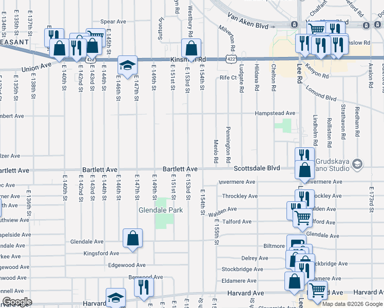 map of restaurants, bars, coffee shops, grocery stores, and more near 3712 East 153rd Street in Cleveland