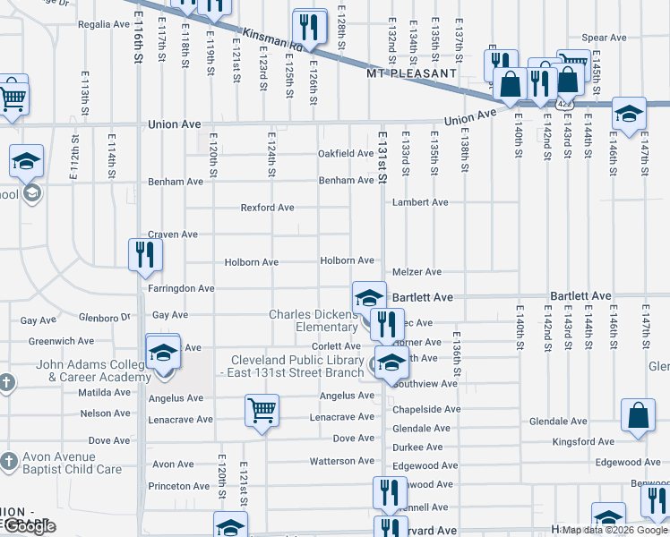 map of restaurants, bars, coffee shops, grocery stores, and more near 12700 Holborn Avenue in Cleveland