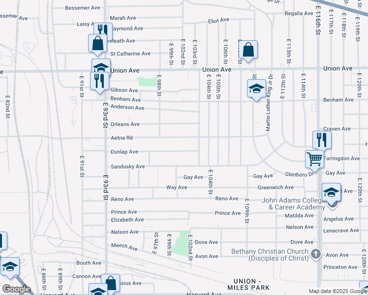 map of restaurants, bars, coffee shops, grocery stores, and more near 10005 Dunlap Avenue in Cleveland