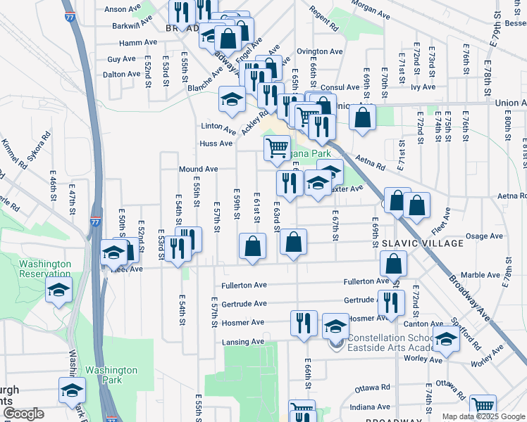 map of restaurants, bars, coffee shops, grocery stores, and more near 3672 East 63rd Street in Cleveland