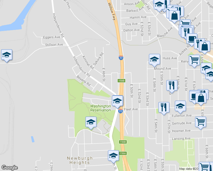 map of restaurants, bars, coffee shops, grocery stores, and more near 3628 Independence Road in Cleveland