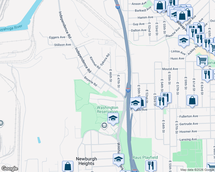 map of restaurants, bars, coffee shops, grocery stores, and more near 3628 Independence Road in Cleveland