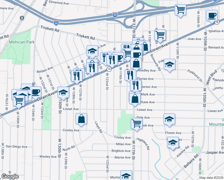 map of restaurants, bars, coffee shops, grocery stores, and more near 3463 West 122nd Street in Cleveland