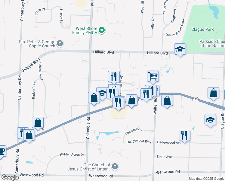 map of restaurants, bars, coffee shops, grocery stores, and more near 2070 King James Parkway in Westlake