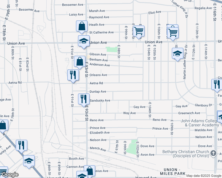 map of restaurants, bars, coffee shops, grocery stores, and more near 9619 Dunlap Avenue in Cleveland