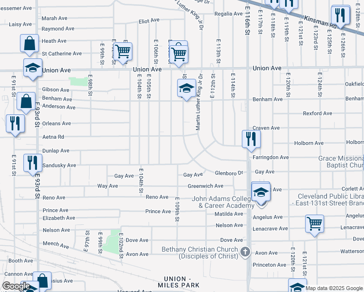 map of restaurants, bars, coffee shops, grocery stores, and more near 3680 East 110th Street in Cleveland