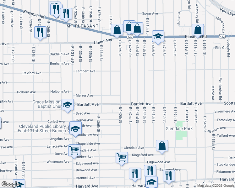 map of restaurants, bars, coffee shops, grocery stores, and more near 3710 E 140th St in Cleveland