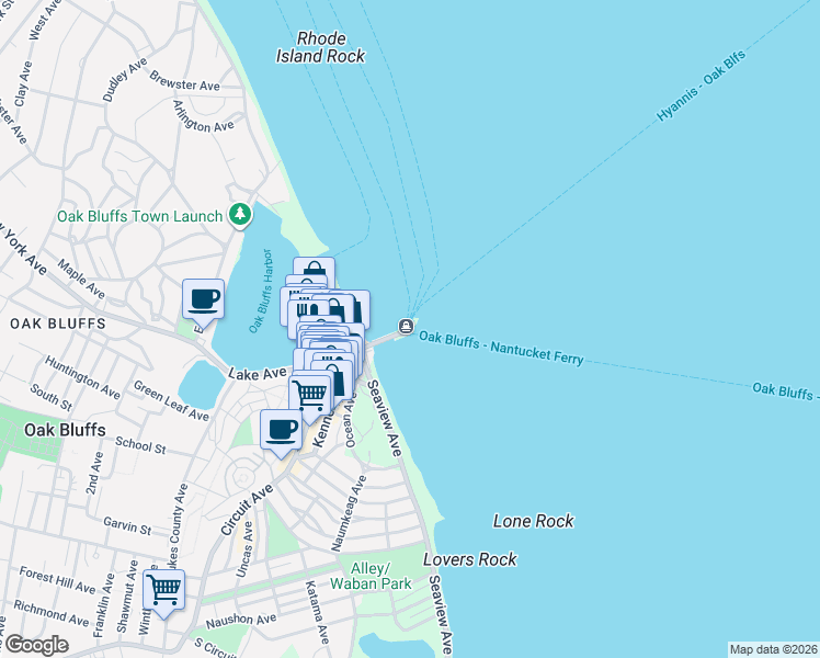 map of restaurants, bars, coffee shops, grocery stores, and more near 3 Oak Bluffs Avenue in Oak Bluffs