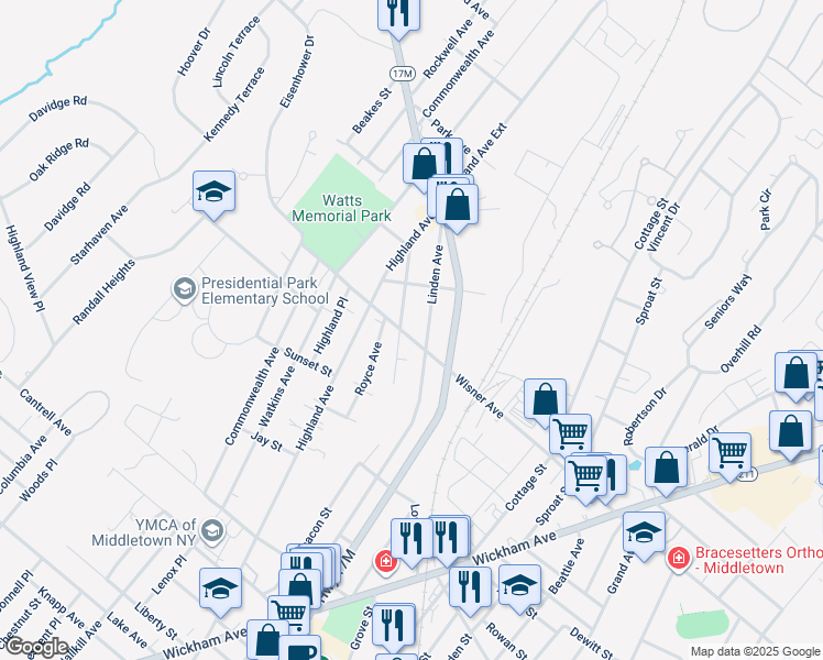 map of restaurants, bars, coffee shops, grocery stores, and more near 51 Wisner Avenue in Middletown