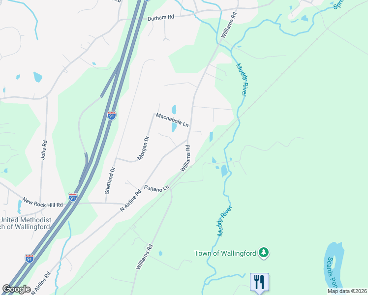 map of restaurants, bars, coffee shops, grocery stores, and more near 340 N Airline Rd in Wallingford