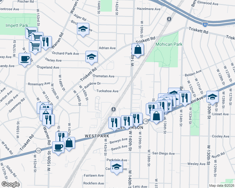 map of restaurants, bars, coffee shops, grocery stores, and more near 14127 Tuckahoe Avenue in Cleveland
