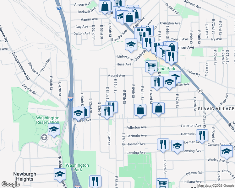 map of restaurants, bars, coffee shops, grocery stores, and more near 3659 East 55th Street in Cleveland