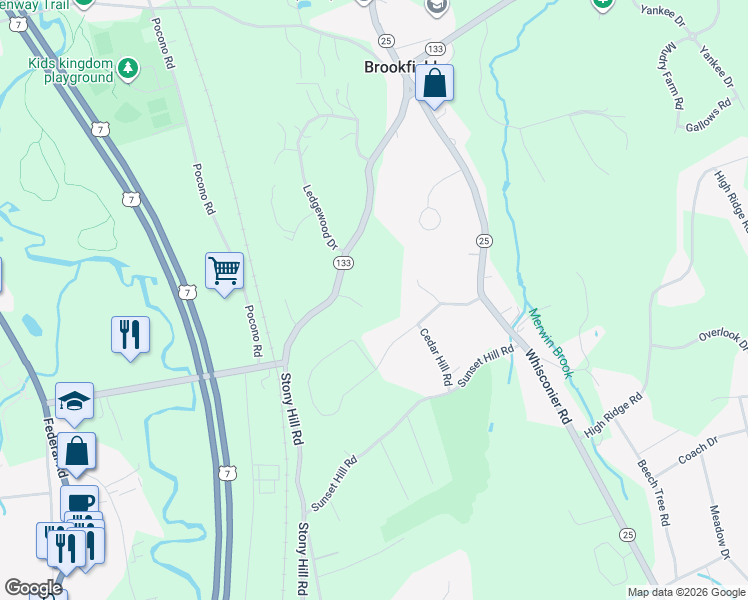 map of restaurants, bars, coffee shops, grocery stores, and more near 27 Junction Road in Brookfield