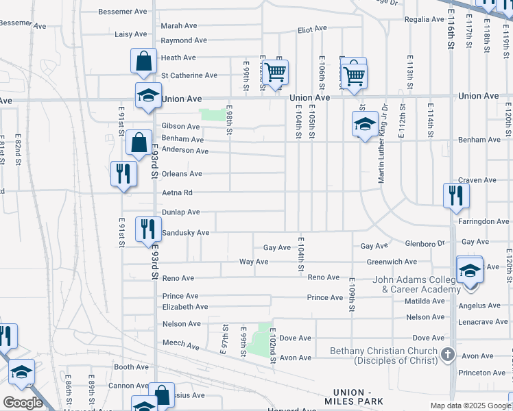 map of restaurants, bars, coffee shops, grocery stores, and more near 10005 Dunlap Avenue in Cleveland