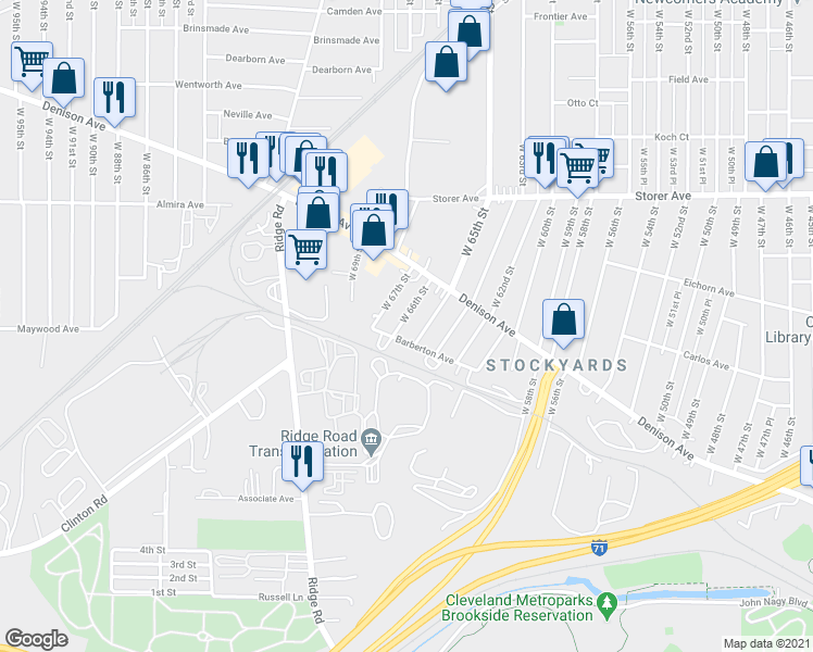 map of restaurants, bars, coffee shops, grocery stores, and more near 3575 West 66th Street in Cleveland