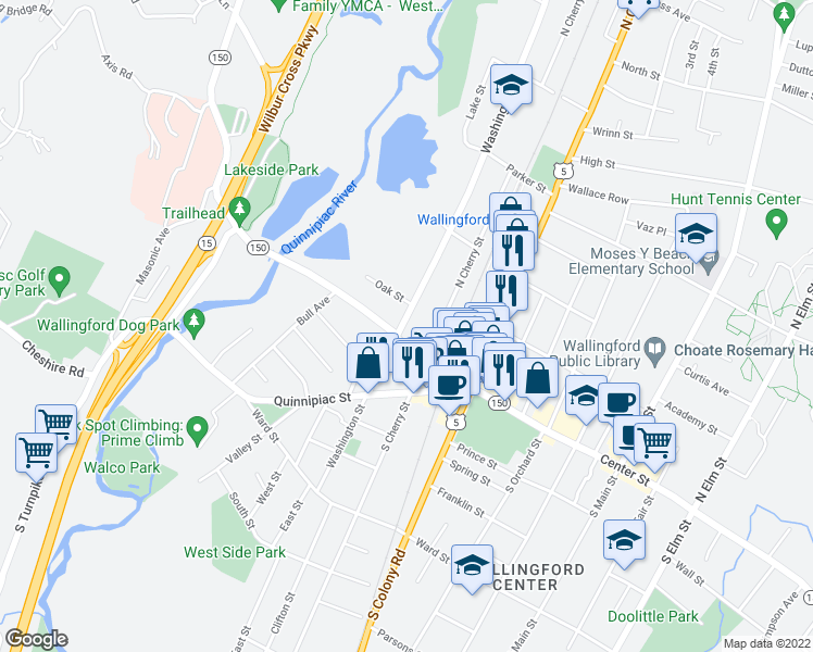 map of restaurants, bars, coffee shops, grocery stores, and more near 169 Washington Street in Wallingford