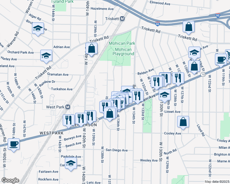 map of restaurants, bars, coffee shops, grocery stores, and more near 3453 West 136th Street in Cleveland