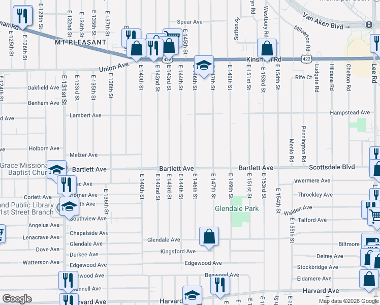 map of restaurants, bars, coffee shops, grocery stores, and more near 3708 East 146th Street in Cleveland