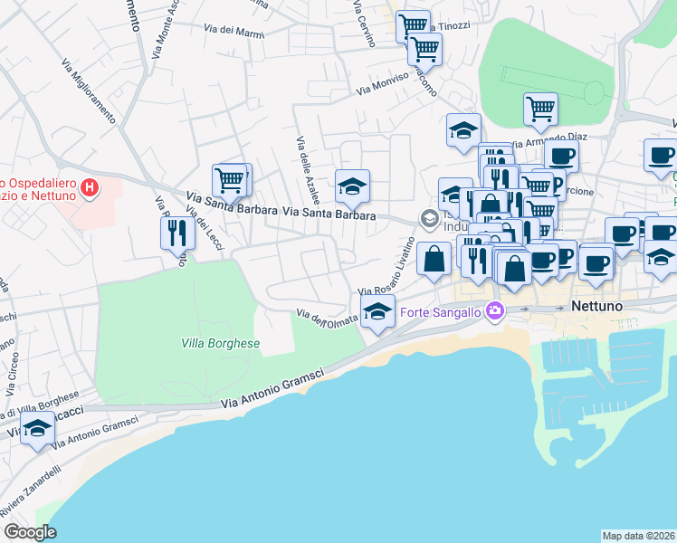 map of restaurants, bars, coffee shops, grocery stores, and more near 5 Via Zaccaria Negroni in Nettuno