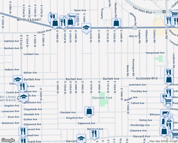map of restaurants, bars, coffee shops, grocery stores, and more near 3708 East 147th Street in Cleveland