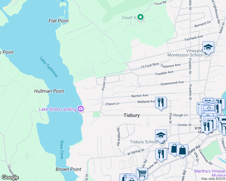 map of restaurants, bars, coffee shops, grocery stores, and more near 339 Greenwood Avenue in Tisbury