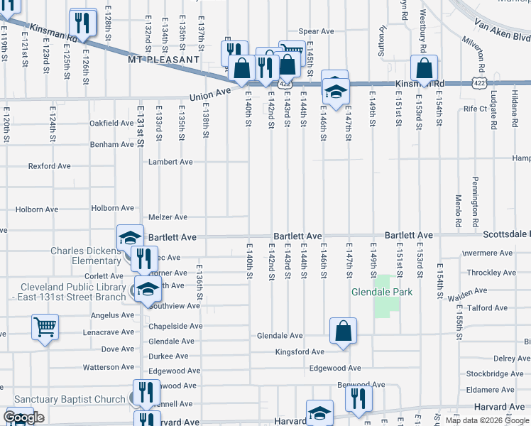 map of restaurants, bars, coffee shops, grocery stores, and more near 3710 East 142nd Street in Cleveland