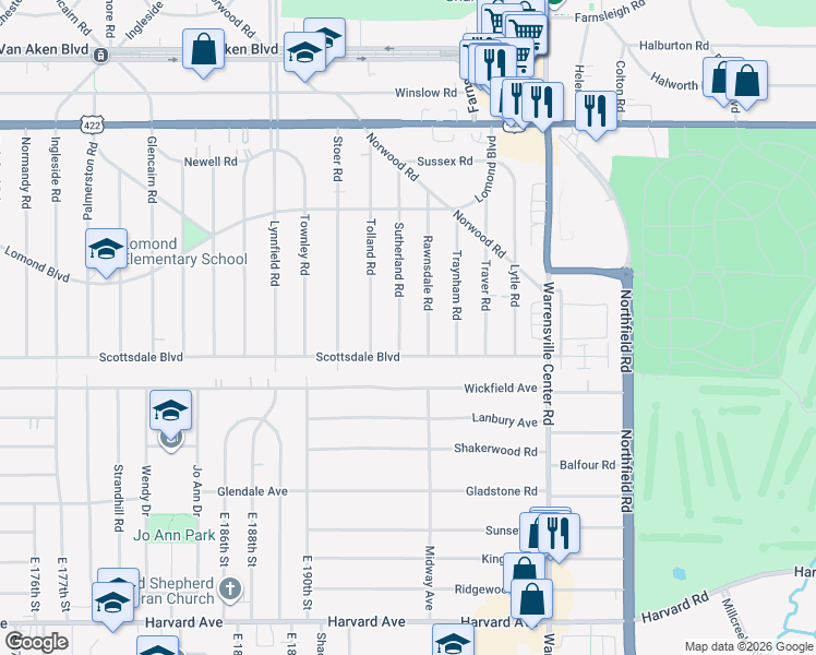map of restaurants, bars, coffee shops, grocery stores, and more near 3715 Sutherland Rd in Shaker Heights