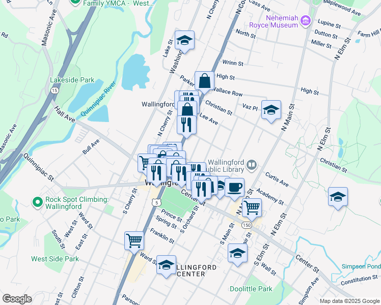 map of restaurants, bars, coffee shops, grocery stores, and more near 72 Meadow Street in Wallingford